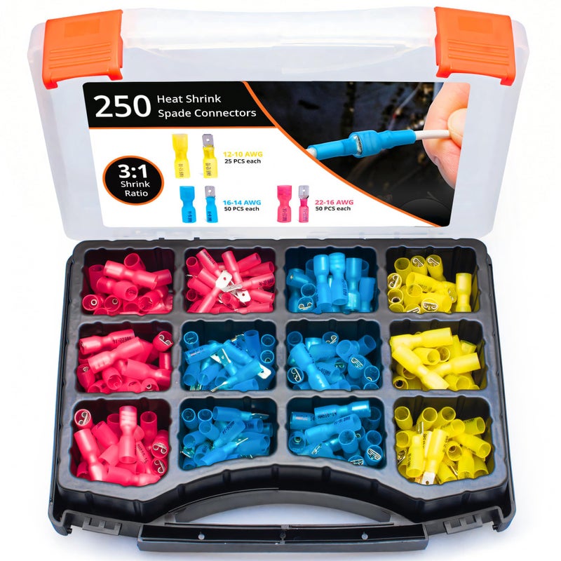 Wirefy Spade Connector Kit - Male and Female Spade Wire Connectors Kit - Quick Disconnect Electrical Terminal Connectors - 22-10 Gauge - 250 PCS - Image 1